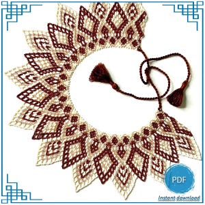 May include: A detailed, handmade necklace with a geometric pattern in cream and burgundy. The necklace features a circular design with diamond shapes and tassels. The image includes the text "Instant download" and a PDF icon.