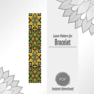 Op de afbeelding: Een digitaal weefpatroon voor een armband met een herhalend geometrisch ontwerp in geel, groen, oranje en zwart. De afbeelding bevat de tekst "Loom Pattern for Bracelet" en "PDF Instant download" met grijze mandala-afbeeldingen.