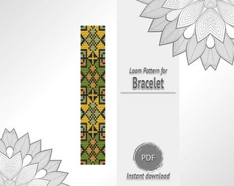 Yellow Green Geometric Bead Bracelet Pattern, Ethnic Seed Bead Loom Chart PDF