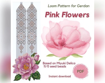 Pink Flowers beaded necklace pattern, PDF beading loom pattern for Miyuki Delica 11/0 seed beads, Traditional Ukrainian gerdan necklace