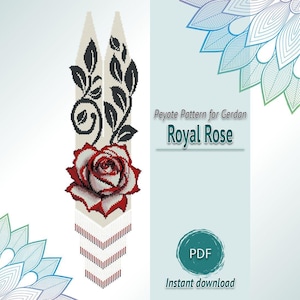 May include: A digital Peyote pattern for a gerdan necklace titled Royal Rose. The design features a central red and white rose with black leafy vines on a light background, finished with a geometric fringe of red and white beads at the bottom.