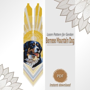 Puede incluir: Un patrón digital de telar para un collar gerdan con un retrato de un perro boyero de Berna. El diseño incluye un fondo de rayos de sol amarillos, un fleco de cuentas en forma de V en la parte inferior y el texto Loom Pattern for Gerdan Bernese Mountain Dog.