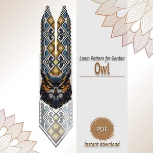 May include: A digital loom pattern for a gerdan necklace featuring a detailed owl head graphic with orange, black, and white plumage. The design includes geometric diamond motifs in blue, green, and orange, with a pointed fringe base. Text reads: Loom Pattern for Gerdan Owl, PDF, Instant download.