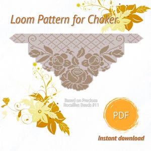 White Beaded Choker Pattern with Golden Roses and Fringe, Elegant Floral Design, PDF Loom Beading Guide for Jewelry Making