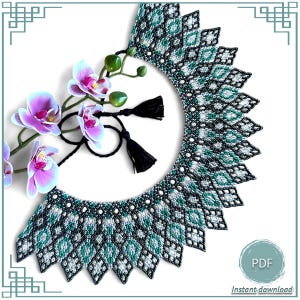 May include: A beaded statement necklace with a geometric design in black, white, and teal. The necklace is paired with a sprig of pink and purple orchids and black tassels. The image includes the text "Instant download" and a PDF icon.