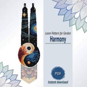 May include: A digital loom pattern for a gerdan necklace titled Harmony. The design features two tall dark towers against a starry night sky, transitioning into a circular yin-yang symbol with orange and blue floral motifs, ending in a beaded fringe.