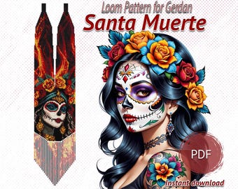 Santa Muerte Beaded Necklace Pattern, PDF Gerdan Design, Day of the Dead Skull Woman, Flame Background, Preciosa & Miyuki 11/0 Seed Beads