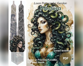 Medusa Gorgo beaded necklace pattern, PDF beading loom pattern based on Preciosa Rocailles seed beads, Traditional Ukrainian gerdan necklace