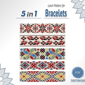 May include: A digital document featuring a 5 in 1 loom pattern for bracelets. The image displays five distinct horizontal bands with intricate geometric beadwork designs in red, black, white, blue, yellow, and green. Text reads 5 in 1 Bracelets.