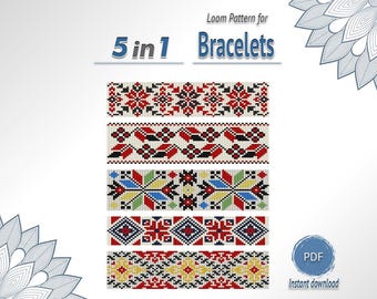 Loom Bracelet Pattern Set 5 in 1, Geometric Seed Bead Bracelet PDF