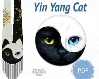 Yin Yang Cat Beaded Necklace Pattern, Black and White Gerdan PDF, Sun Moon Bead Loom Design, Miyuki Delica & Preciosa 11/0 Seed Beads