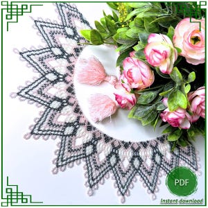 Patrón de collar de encaje con cuentas (PDF), gráfico de collar de red rosa perla y gris