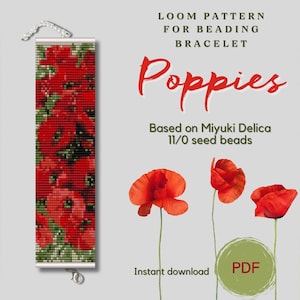 Poppies beaded bracelet pattern, PDF beading loom pattern based on Miyuki Delica 11/0 seed beads, Bead weaving pattern, Art jewelry pattern