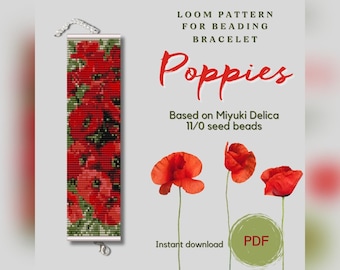 Poppies beaded bracelet pattern, PDF beading loom pattern based on Miyuki Delica 11/0 seed beads, Bead weaving pattern, Art jewelry pattern