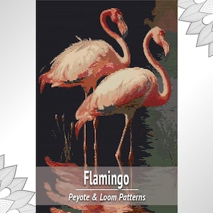 May include: A pixelated art pattern featuring two pink flamingos standing in dark water. The text Flamingo Peyote & Loom Patterns is displayed in white at the bottom. The design uses a grid-like structure with shades of pink, black, and green.
