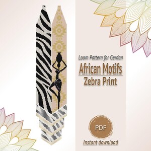 May include: A digital loom pattern for a gerdan necklace featuring a black and white zebra print section alongside a beige panel with a silhouette of a figure carrying a vessel. The text reads Loom Pattern for Gerdan African Motifs Zebra Print PDF.