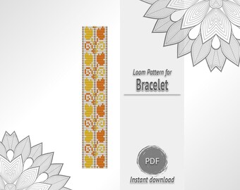 White Bead Bracelet with Yellow Orange Leaf Ornament Pattern, Seed Bead Loom Chart PDF