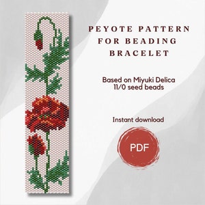 Beaded Poppies bracelet pattern, PDF beading peyote pattern based on Miyuki Delica seed beads, Bead weaving pattern, Art jewelry pattern