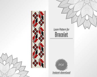 White Red Geometric Folk Bead Bracelet Pattern, Seed Bead Loom Chart PDF