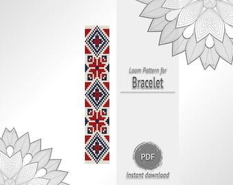 White Blue Red Folk Bead Bracelet Pattern, Geometric Seed Bead Loom PDF Chart