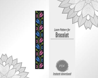 Black Bead Bracelet with Pink Blue Floral Ornament Pattern, Seed Bead Loom Chart PDF