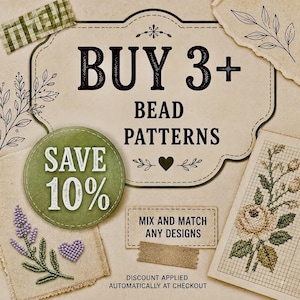 May include: A promotional graphic featuring the text BUY 3+ BEAD PATTERNS, SAVE 10%, and MIX AND MATCH ANY DESIGNS. The image includes illustrations of lavender sprigs, a heart, and a rose on grid paper, all on a beige background.