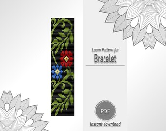 Black Floral Bead Bracelet Pattern, Botanical Seed Bead Loom Chart PDF