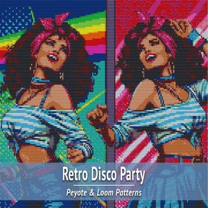 May include: A pixel art pattern design titled Retro Disco Party Peyote & Loom Patterns featuring two identical illustrations of a person with dark curly hair, a pink headband, and a blue striped off-the-shoulder top against vibrant rainbow and red backgrounds.