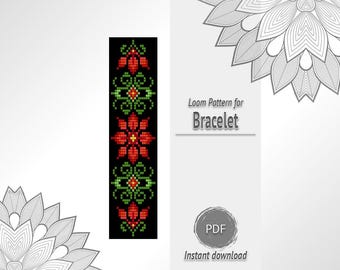 Black Bead Bracelet with Red Floral Ornament Pattern, Seed Bead Loom Chart PDF