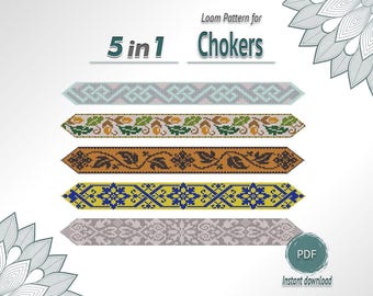 Ornamental and Floral Choker Pattern, 5 in 1 Loom Bead Bundle Chart PDF