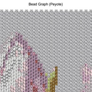 May include: A bead graph pattern for a peyote stitch project. The pattern features a variety of colors, including pink, purple, brown, green, and white. The pattern is designed to create a floral motif.