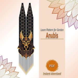 May include: A digital loom pattern for a gerdan necklace featuring a graphic of the Egyptian deity Anubis in shades of black, gold, and brown. The design includes vertical beaded strands and text that reads Loom Pattern for Gerdan Anubis PDF.