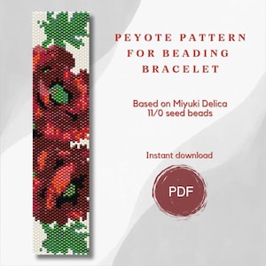 Beaded Poppies bracelet pattern, PDF beading peyote pattern based on Miyuki Delica seed beads, Bead weaving pattern, Art jewelry pattern