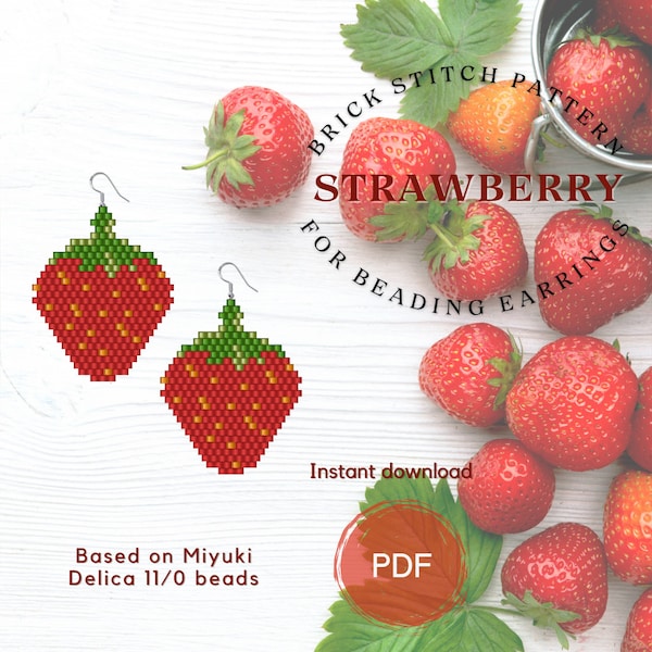 Strawberry beaded earrings pattern, Miyuki Delica brick stitch earring pattern, Digital download beadwork PDF pattern