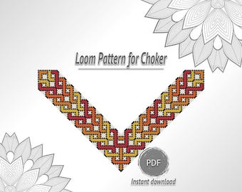 V Shape Beaded Choker Pattern, Loom Necklace, Orange Red Geometric Design