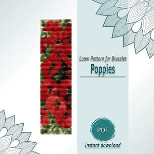 Modello PDF per braccialetto di perline con papaveri, motivo floreale con perline di semi di Loom