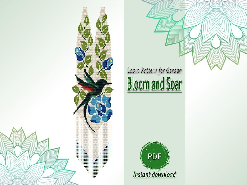 Digital PDF pattern for a loom beaded gerdan necklace featuring a vibrant hummingbird and floral motif. The layout shows a digital mockup of the beadwork on a white background. The design includes a wide neckband with green vines and blue flowers, a central medallion with a detailed hummingbird in flight, and long fringes. Text overlays read "Loom Pattern for Gerdan", "Bloom and Soar", and "PDF Instant download".