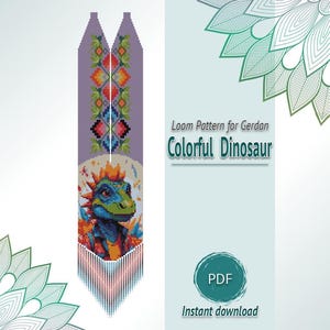 May include: A digital loom pattern for a gerdan necklace featuring a colorful dinosaur graphic with orange, blue, and green tones. The design includes geometric floral motifs in red, orange, and green on a purple background, finished with a fringe.