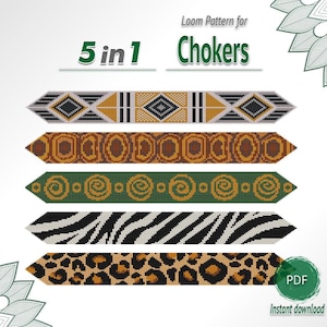 Könnte beinhalten: Ein digitales Dokument mit dem Titel 5 in 1 Loom Pattern for Chokers, das fünf verschiedene horizontale Perlenmuster zeigt. Die Designs umfassen geometrische Formen, braune Kreise, grüne Spiralen, schwarz-weiße Zebrastreifen und ein Leopardenmuster.