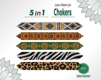 Geometric and Animal Print Choker Pattern, 5 in 1 Loom Bead Bundle Chart PDF