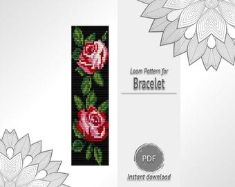 Black Bead Bracelet with Pink Rose Pattern, Seed Bead Loom Chart PDF