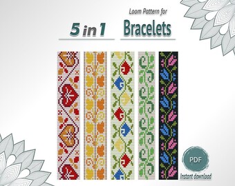 Floral Loom Bracelet Pattern Set 5 in 1, Seed Bead Bracelet PDF