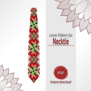 Puede incluir: Un patrón de telar para corbata con un diseño geométrico en rojo, verde y blanco. El gráfico incluye el texto "Loom Pattern for Necktie" y un icono circular rojo etiquetado como "PDF" con el texto "Instant download" debajo.