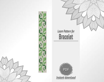 White Bead Bracelet with Green Leaf Ornament Pattern, Seed Bead Loom Chart PDF