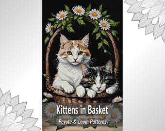 Pdf-grafiek Kittens in Basket met kralentapijt, weefgetouw en peyote