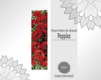 Patrón PDF para pulsera de peyote con amapolas, diseño floral con cuentas de semillas