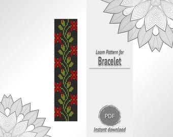 Black Red Floral Bead Bracelet Pattern, Botanical Seed Bead Loom Chart PDF