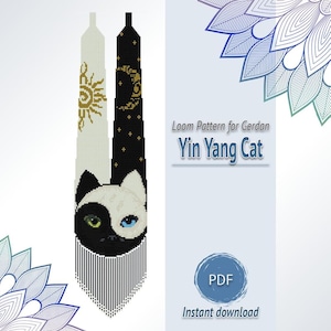 May include: A digital loom pattern for a gerdan necklace titled Yin Yang Cat. The design features two vertical beaded strips, one white with a sun motif and one black with a moon and stars, ending in a cat face with one green and one blue eye.