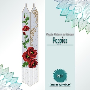 Padrão de papoula vermelha e peiote Gerdan, colar de contas em PDF, gráfico de bordado floral com miçangas