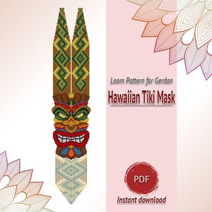 May include: A digital loom pattern for a gerdan featuring a Hawaiian Tiki mask design. The graphic displays a colorful beaded mask with green, red, and brown tones, geometric patterns, and the text "Loom Pattern for Gerdan Hawaiian Tiki Mask" and "PDF Instant download".